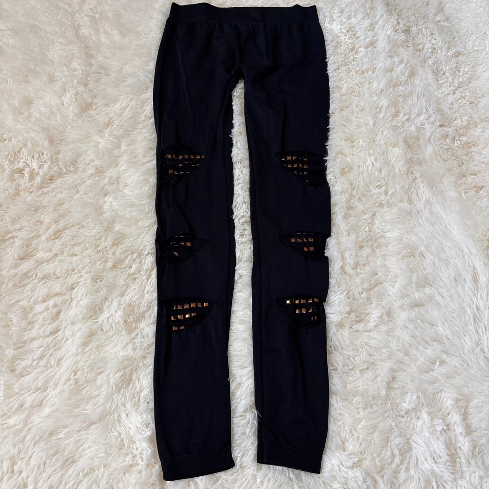 One Step Up Black Cut Out Studded Leggings XL/1X Distressed Edgy Punk Ribbed